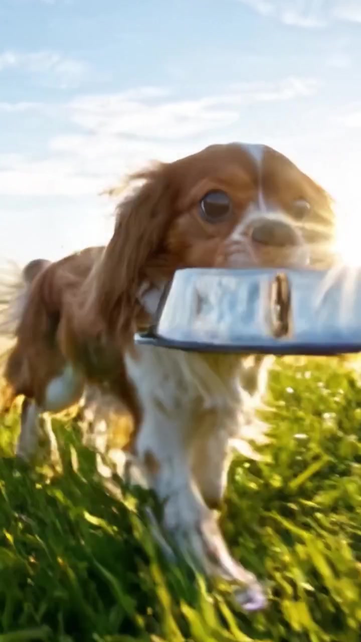 Un cane gioioso che corre attraverso campi verdi con una ciotola di cibo in bocca, abbracciando la bellezza della natura e la giocosità sotto il cielo luminoso.