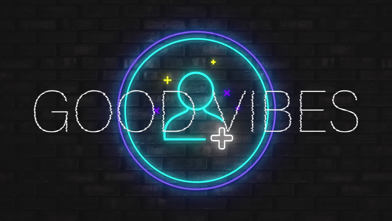 animación de texto de buenas vibraciones con neón parpadeante y icono de personas en el fondo de la pared de ladrillo