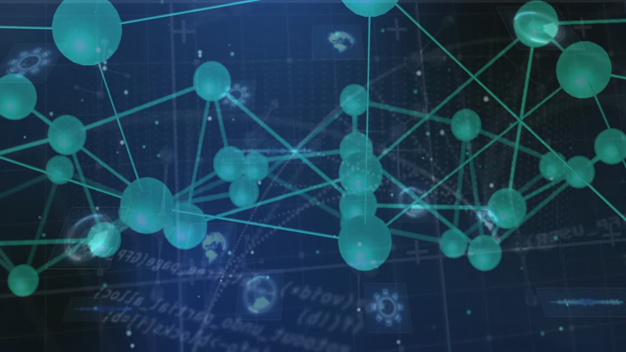 Camera pulling back initiating teal node network shifting, pulsing and revealing HUD data visual