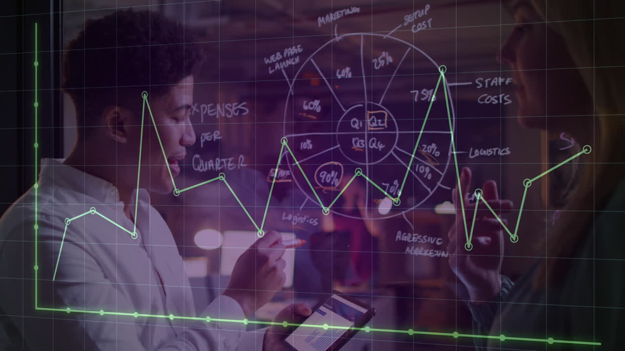 Animation of financial data processing over diverse business people