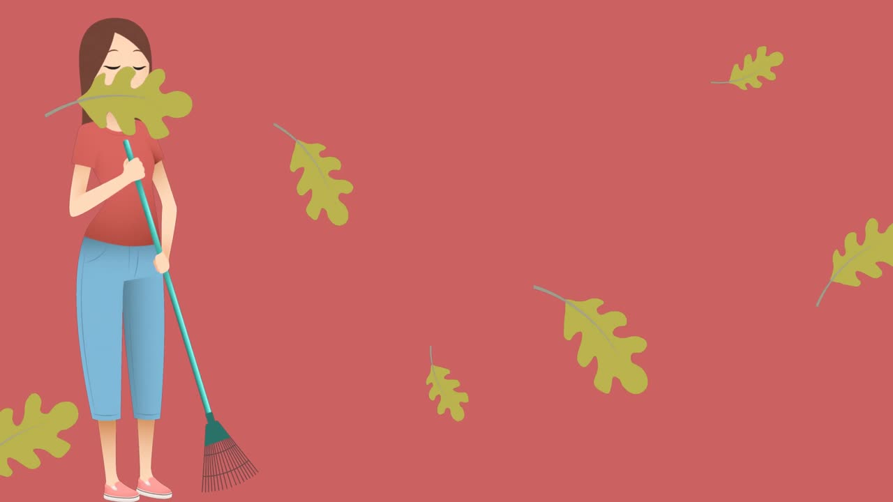 анимация женщины с граблями над листьями на красном фоне
