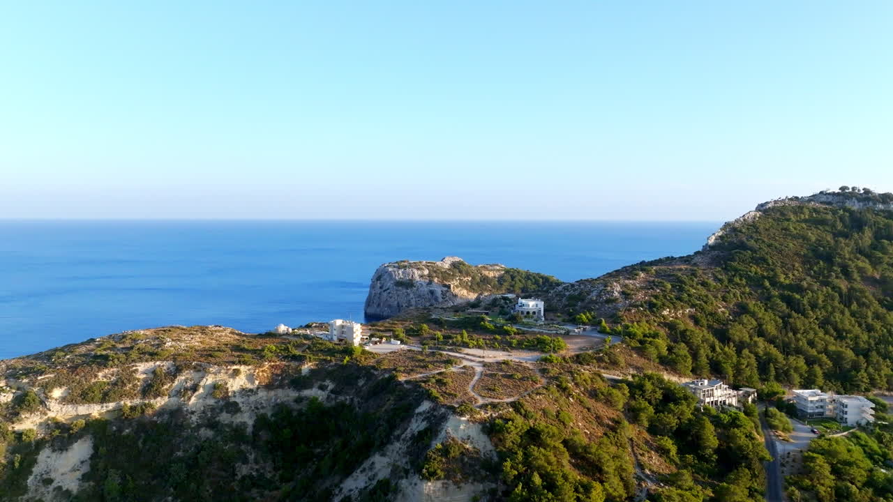 Aerial view away from hilltop villas and the observatory, in Faliraki, Rhodes