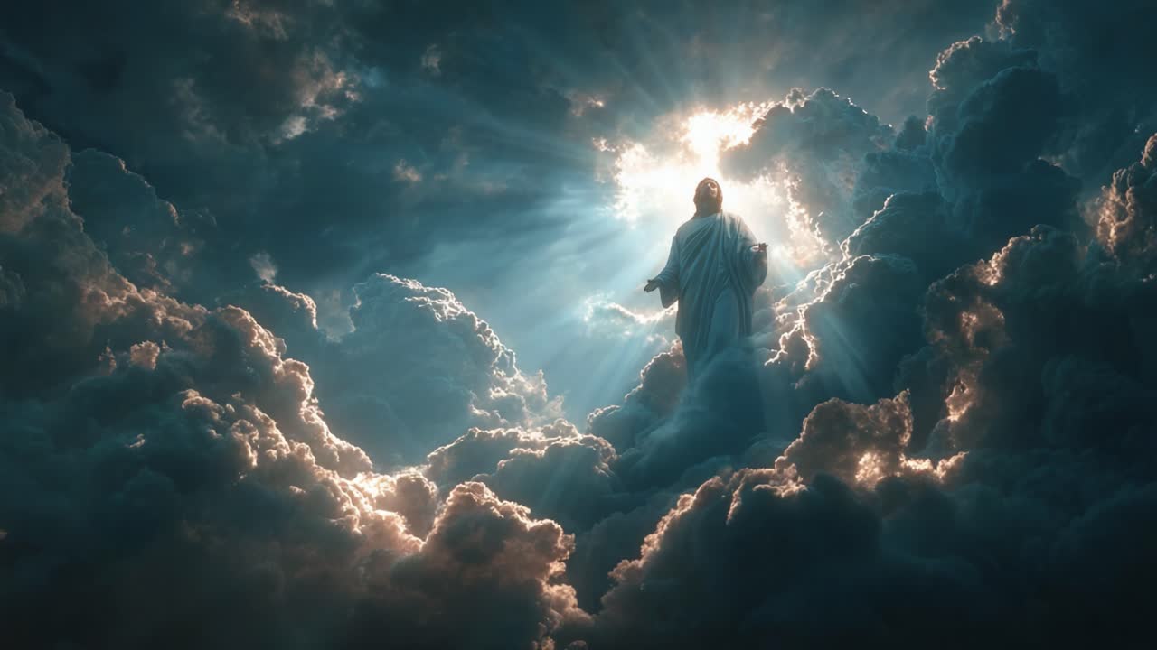 Una figura maestosa emerge, circondata da luce radiosa e nuvole eteree, che simboleggia speranza e ascensione spirituale in un paesaggio celeste.