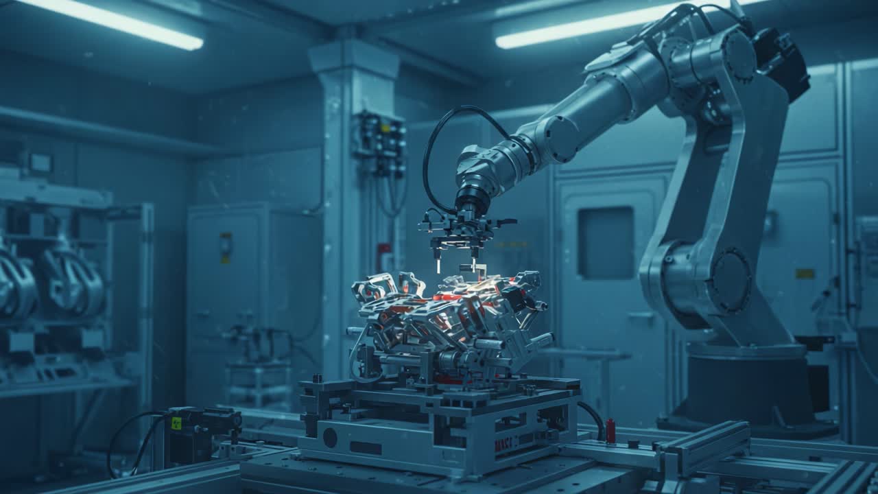 Advanced Robotic Arm Assembling Complex Components in a High-Tech Laboratory Environment with Precision and Efficiency