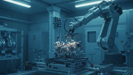 advanced robotic arm assembling complex components in a high-tech laboratory environment with precision and efficiency