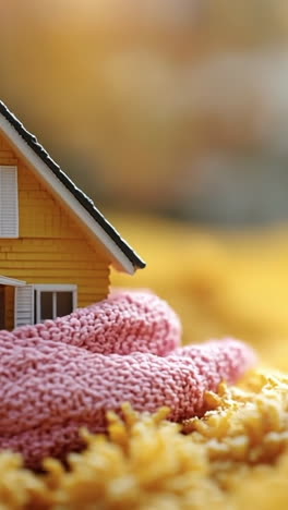 cozy house wrapped in a warm blanket. a small yellow house is snugly wrapped in a pink knit blanket surrounded by vibrant autumn flowers and falling leaves.