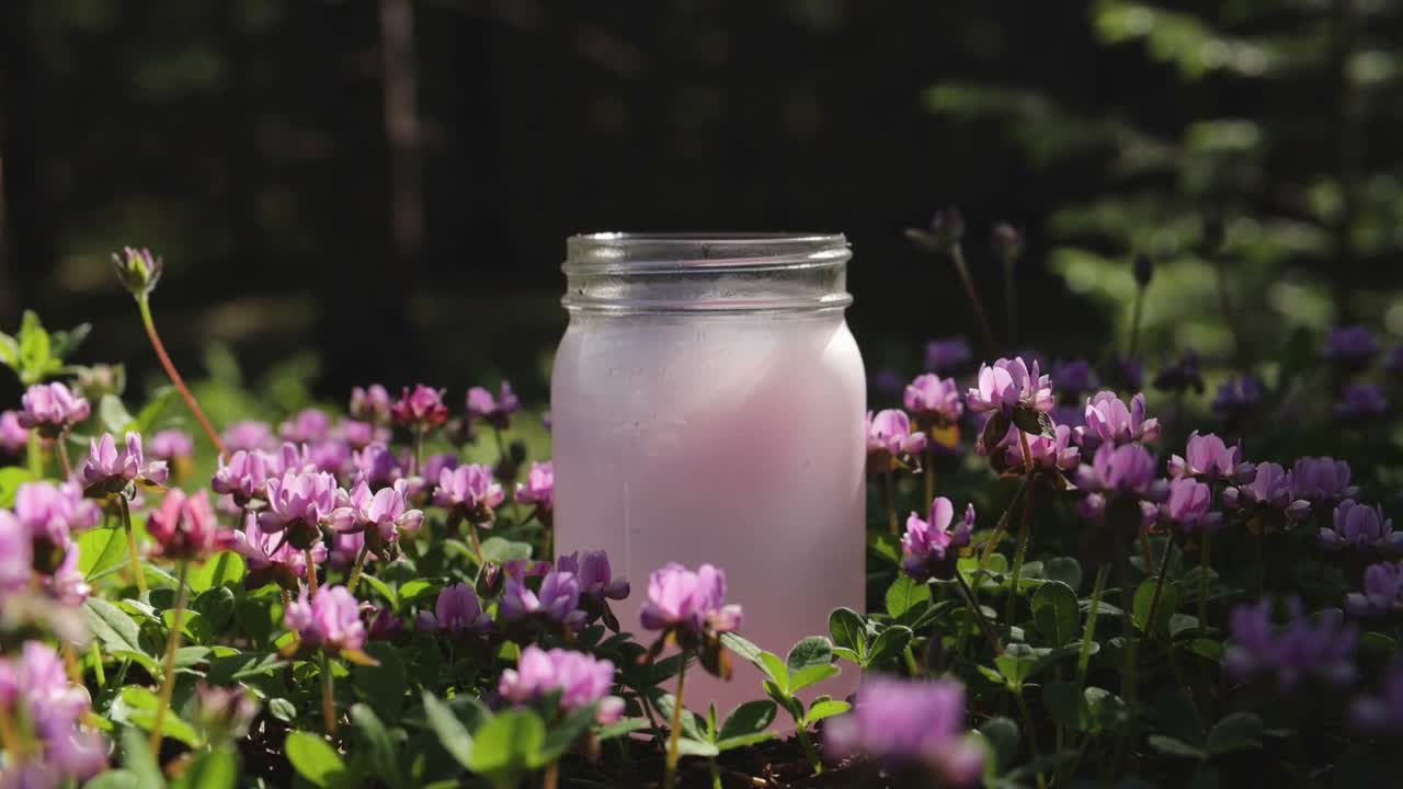 Skiftande solljus belyser frostad masonburk på blommig mark bland rosa blommor, avslöjar glöd.