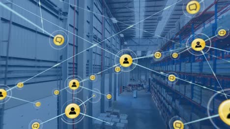 Animation-of-networks-of-connections-with-icons-over-empty-warehouse