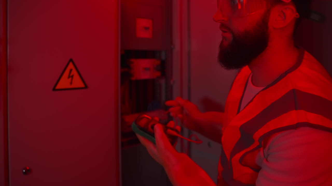 electricista trabajando en el panel eléctrico por la noche