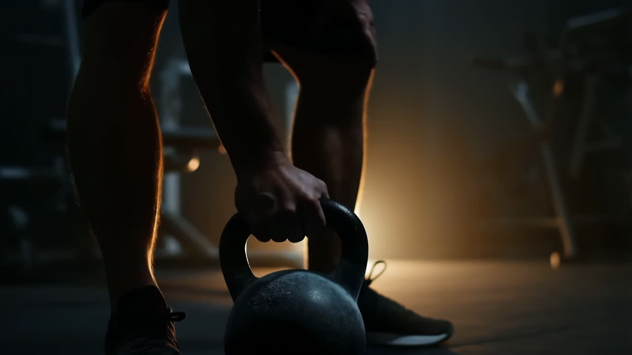 Person preparing to lift a kettlebell in a dimly lit gym