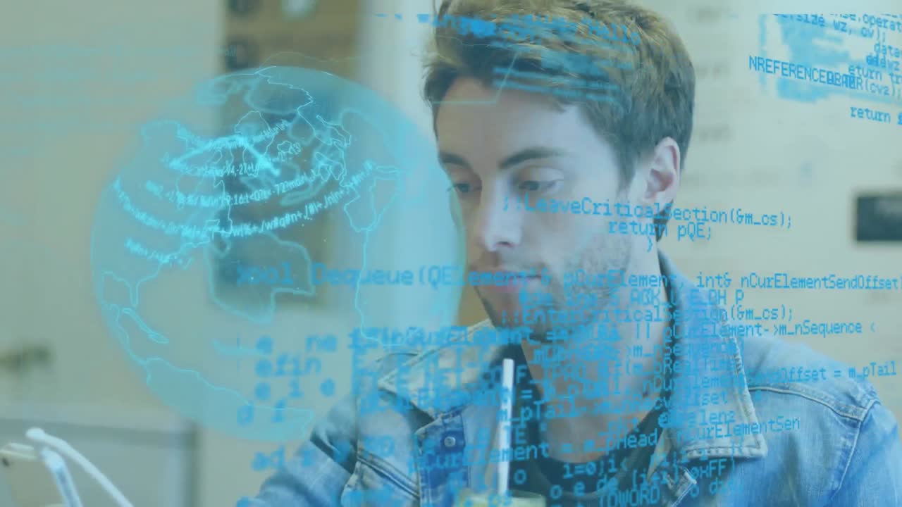 animación del globo y procesamiento de datos sobre el hombre usando teléfono inteligente