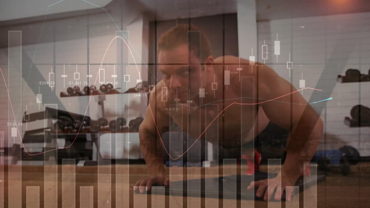 Man starting high push-up descent doing reps while financial charts overlaying frame for gains