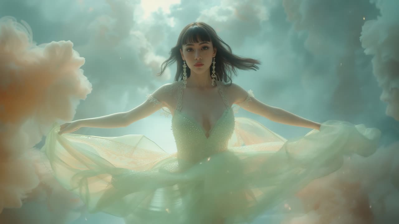 Soft backlight shining, female lifting green gown and rotating in cloudscape with light particles