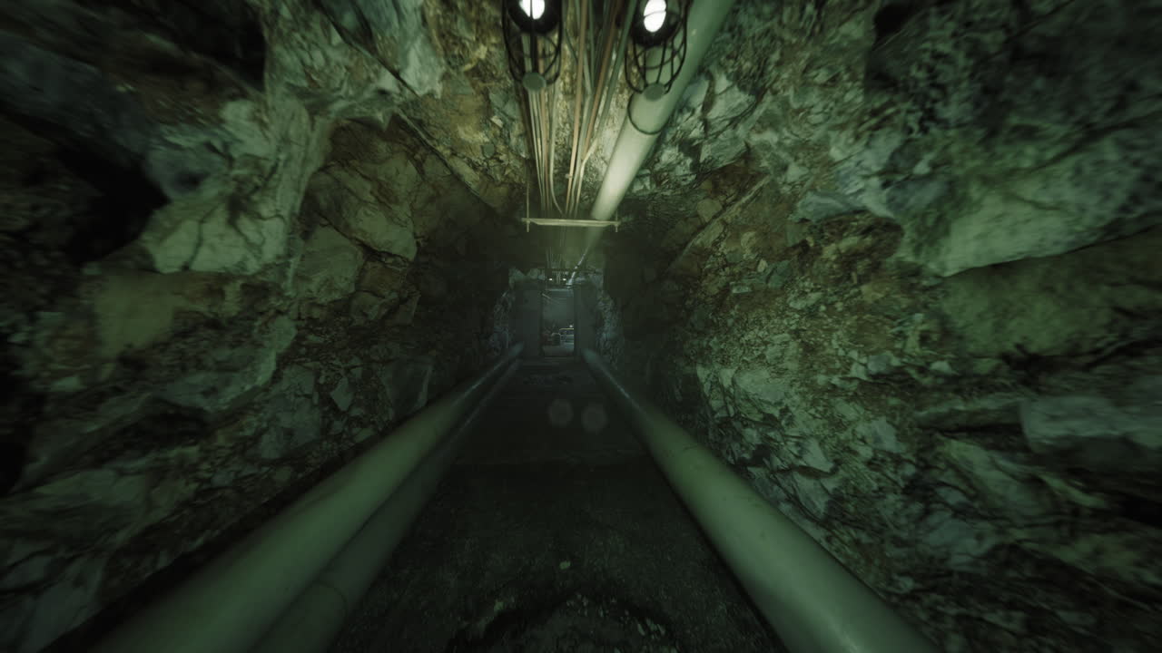 Narrow vertical shaft featuring corroded fittings and safety remnants