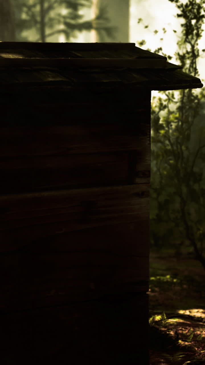 Mysterious wooden structure illuminated by sunlight in dense forest