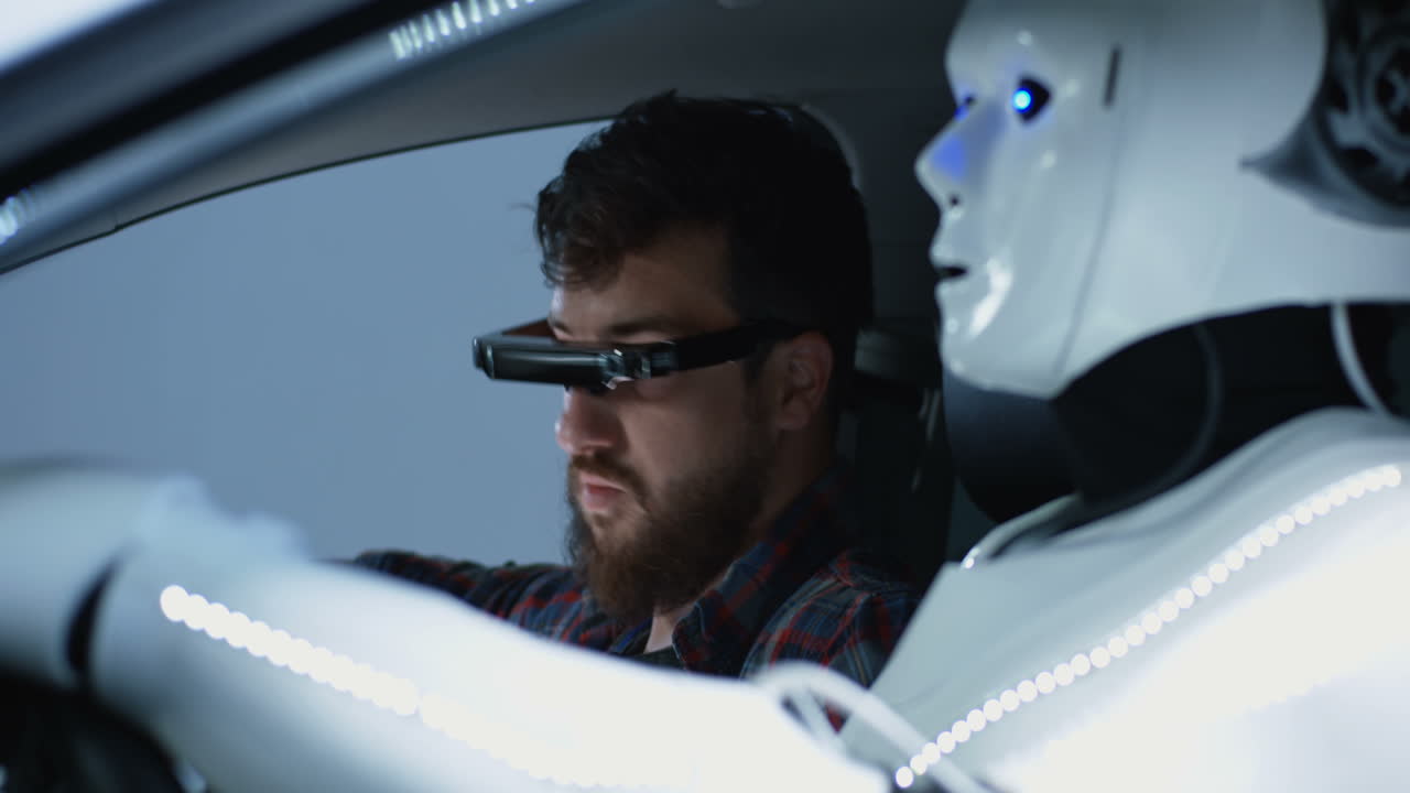 Man with Augmented Reality Glasses Driving a Self-Driving Car with a Robot