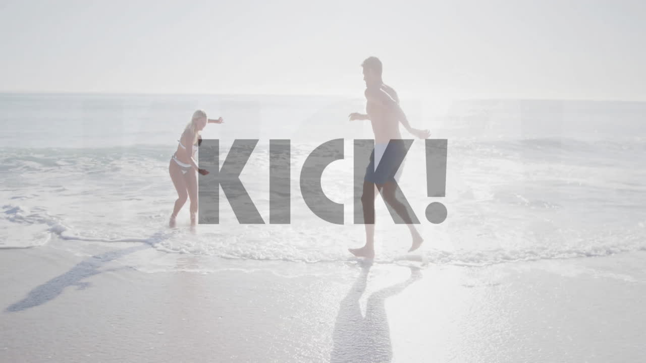 Couple playing at sandy shoreline, showcasing marketing concept with floating animated KICK overlay