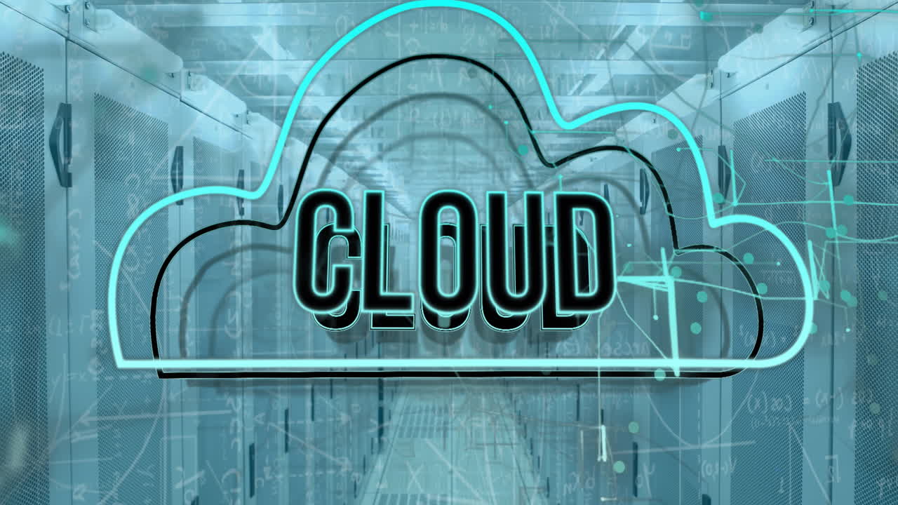 animación de texto en la nube, ecuaciones matemáticas y diagramas en la sala del servidor