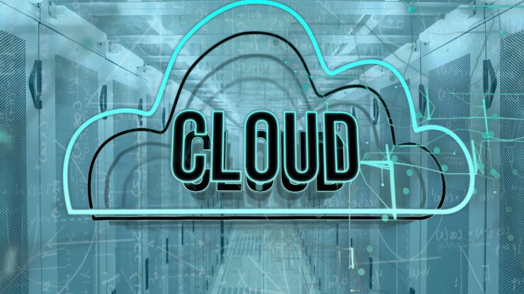 Animation of cloud text in cloud, mathematical equation and diagrams over server room