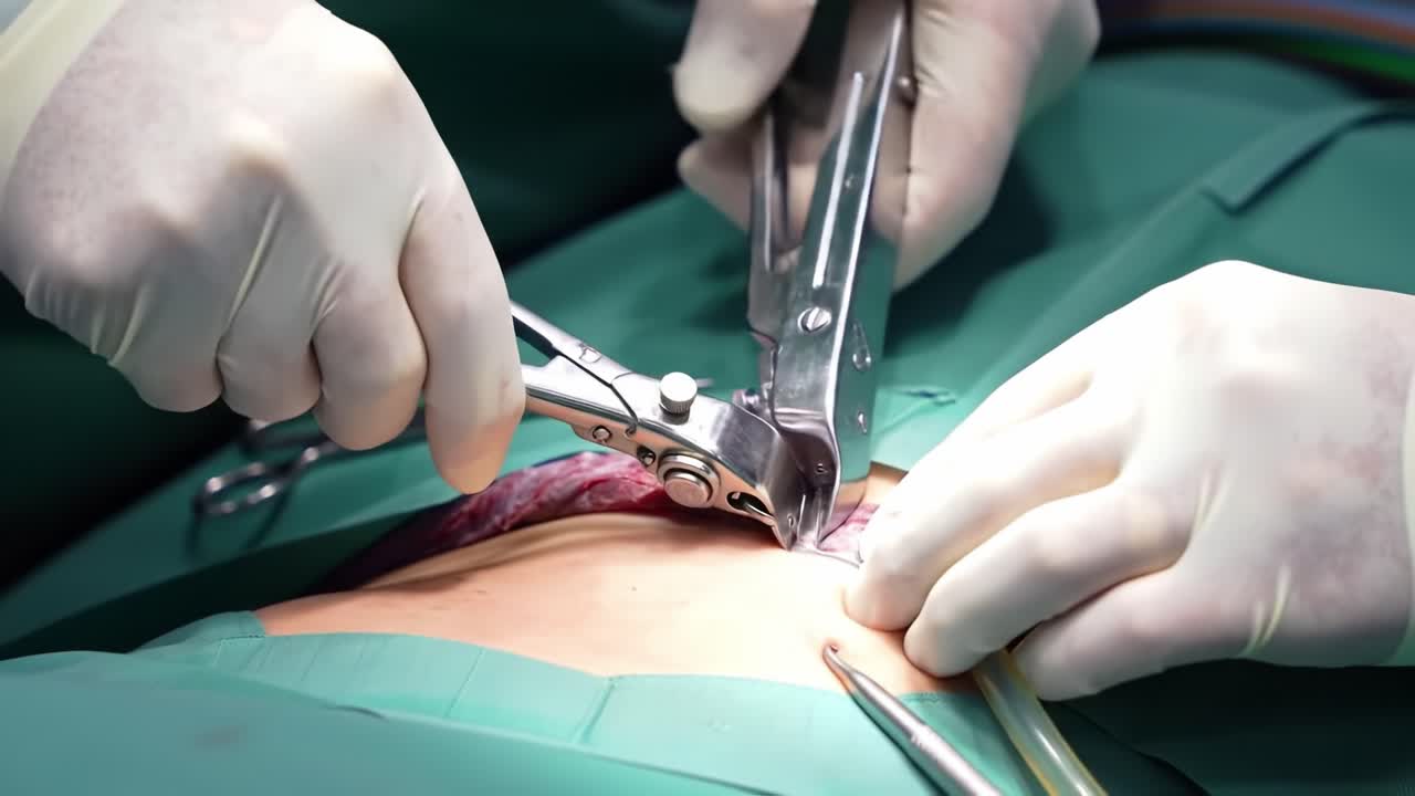 Surgeons perform a critical procedure using specialized instruments in a sterile environment. The focus is on precision and care while ensuring the patient's safety and health.