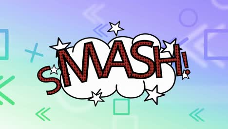 animation of the word smash on white noise cloud with stars in with pale blue and green background