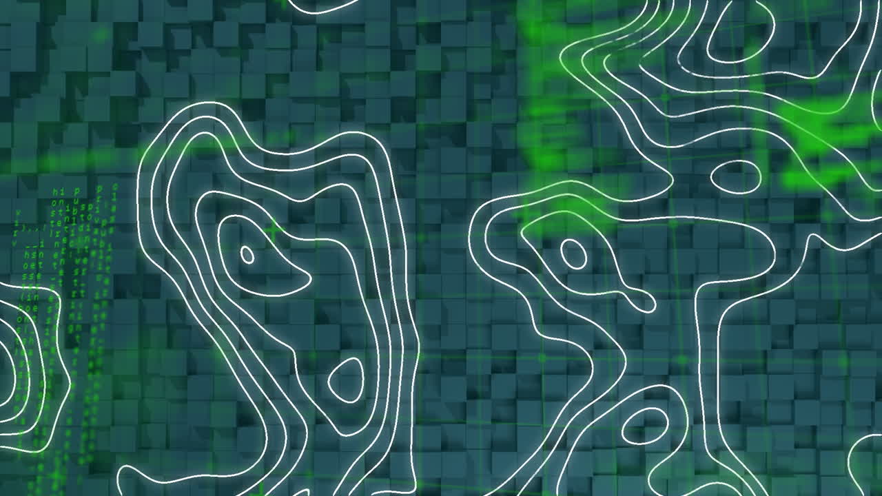 animación digital de patrones topográficos y procesamiento de datos contra un fondo azul texturizado