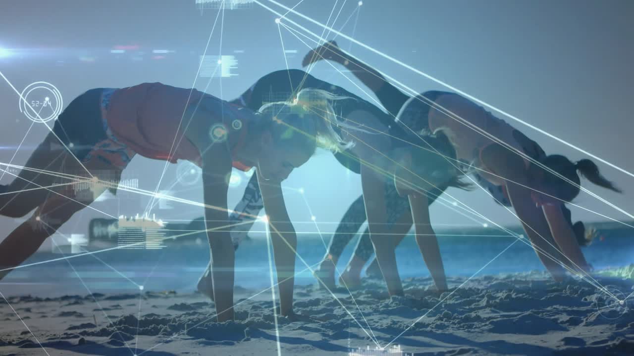Four workout partners holding plank on beach sunrise data overlays appearing tracking leg raises