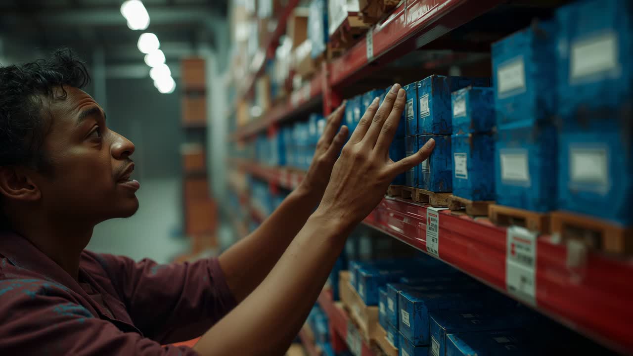 Walking warehouse worker checking label, sliding blue bin from shelf for picking, copy space