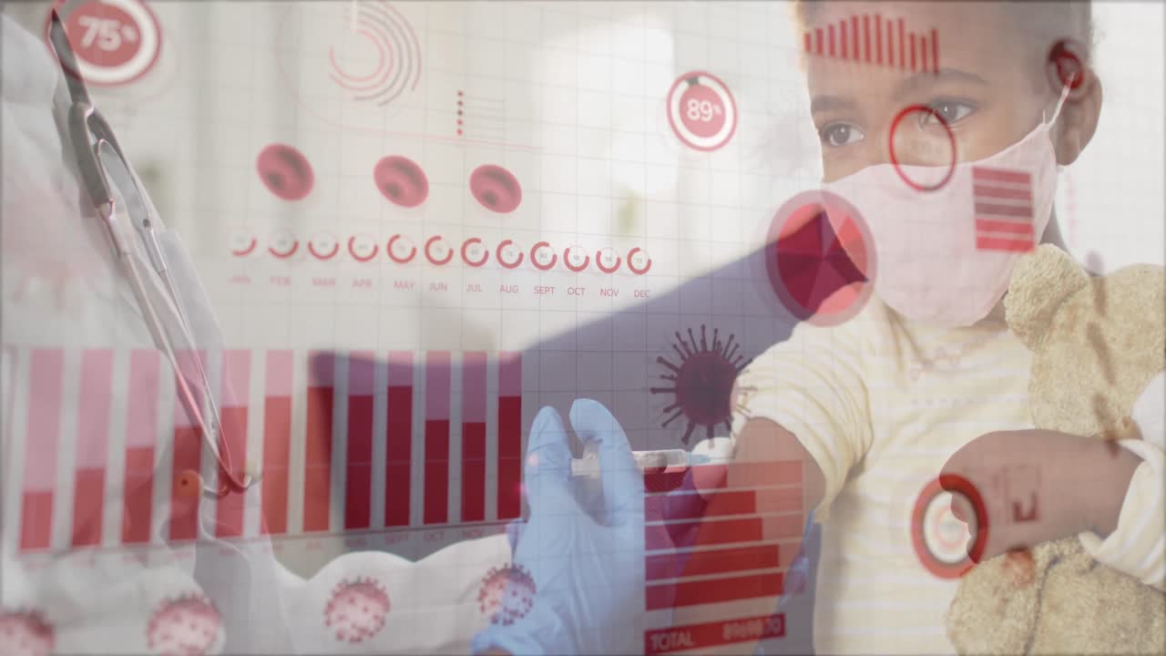 Animation of covid 19 cells and data over biracial boy in face mask getting vaccination