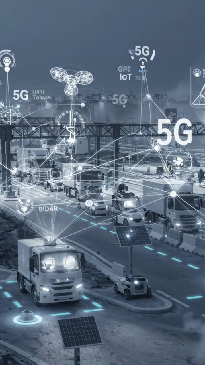 Un'infrastruttura di trasporto moderna: camion, tecnologia e soluzioni intelligenti a un incrocio ad alta tecnologia con integrazione della connettività 5G visibile nell'ambiente urbano
