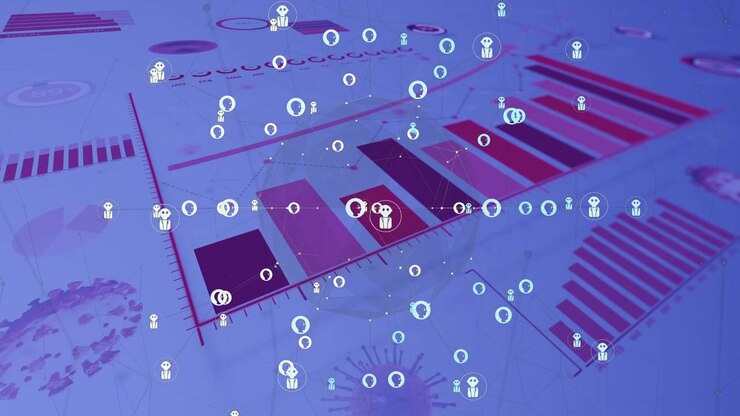 Camera rotating, central sphere and 3D chart revealing bars, glyphs orbiting to show distribution