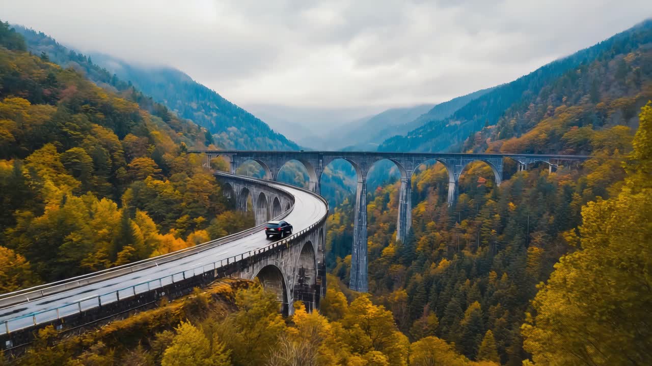 Scenic Bridge View with Car and Autumn Colors