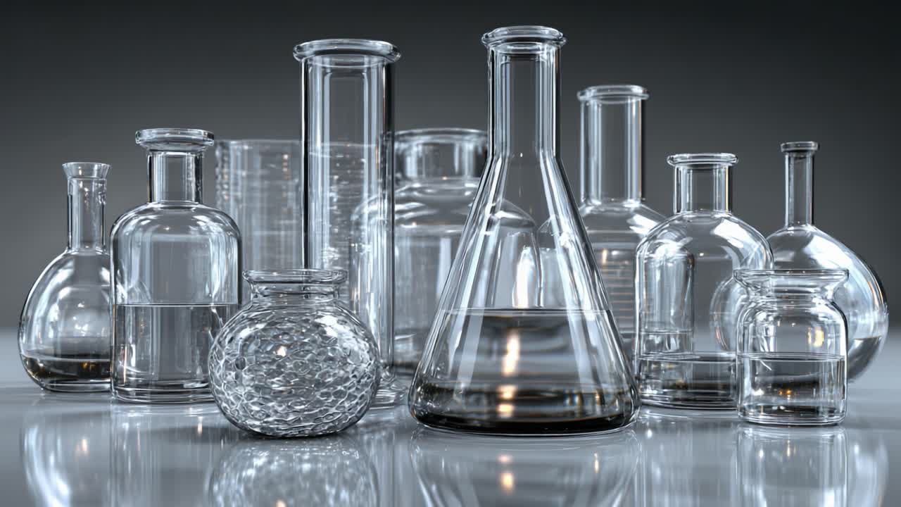 A Collection of Clear Laboratory Glassware Showcasing Various Shapes and Sizes with Reflections and Highlights for Science and Experimentation Purposes