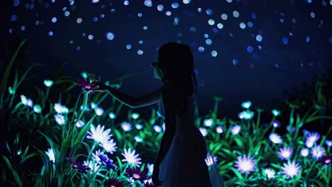 girl in a magical flower garden at night