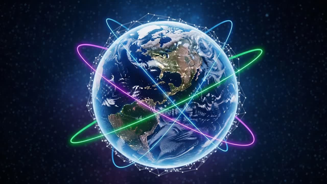 A Stunning Visual Representation of Earth Surrounded by Colorful Orbital Paths, Highlighting Global Connectivity and Technological Advancement in Satellite Communication