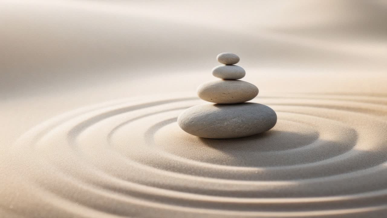 Zen stones stacked on sand with ripples, captured from a low angle