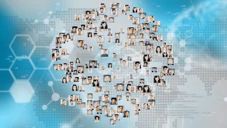 animation of human brains, scientific data processing over globe with people's photos