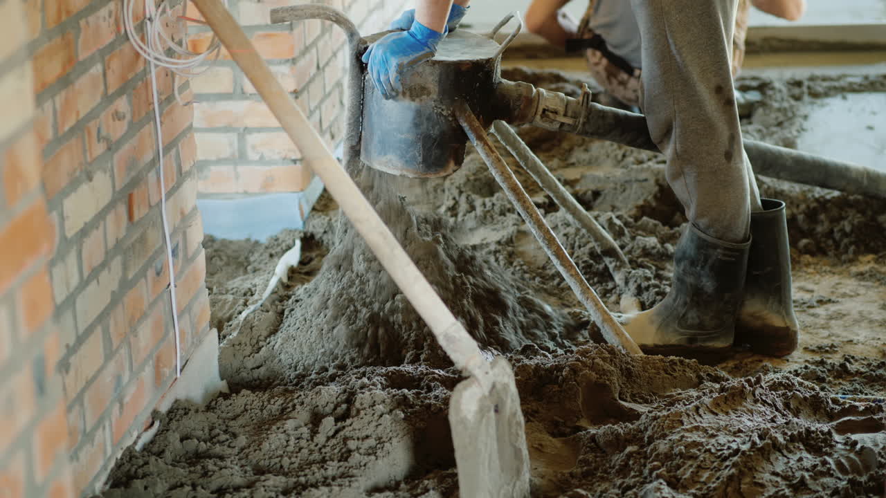 el constructor pone un mortero semiseco para terminar el piso