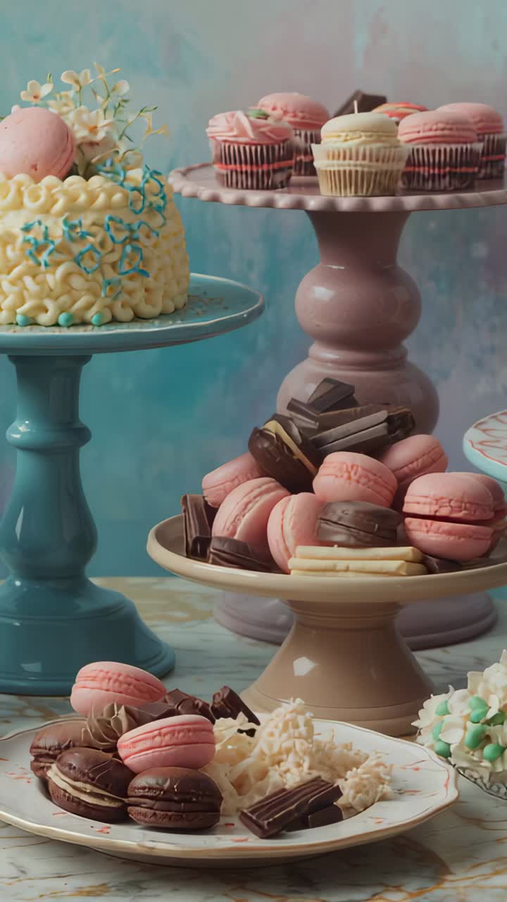 Vertical video: Camera recording dessert display on wooden table, with cake, macarons, cupcakes