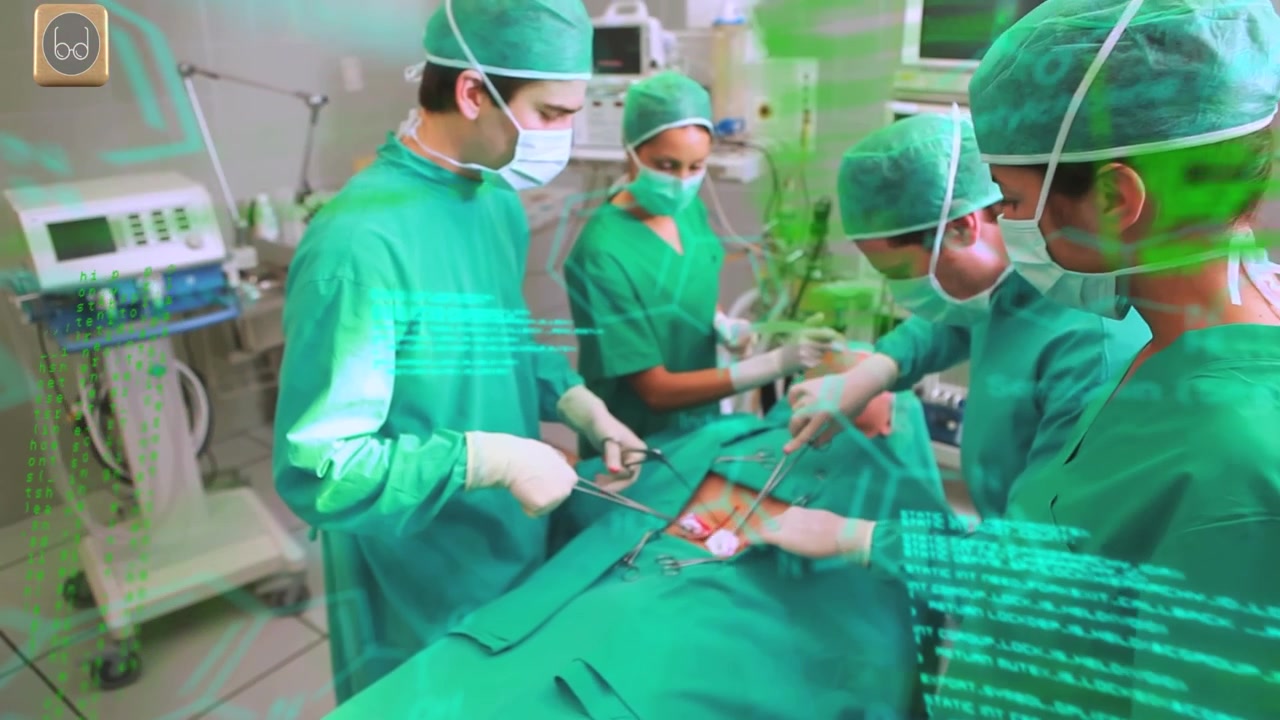Medical Surgical Team Performing Operation with Digital Data Overlay