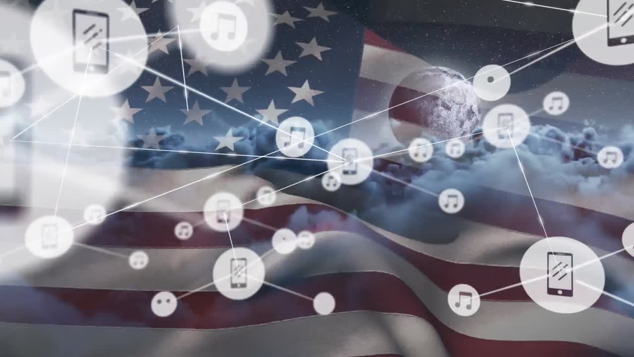 animación de la red de conexiones con iconos sobre la bandera de los estados unidos de américa y el cielo