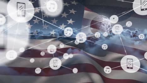 Animation-of-network-of-connections-with-icons-over-flag-of-united-states-of-america-and-sky