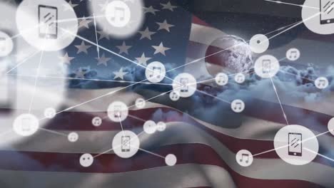 animación de la red de conexiones con iconos sobre la bandera de los estados unidos de américa y el cielo