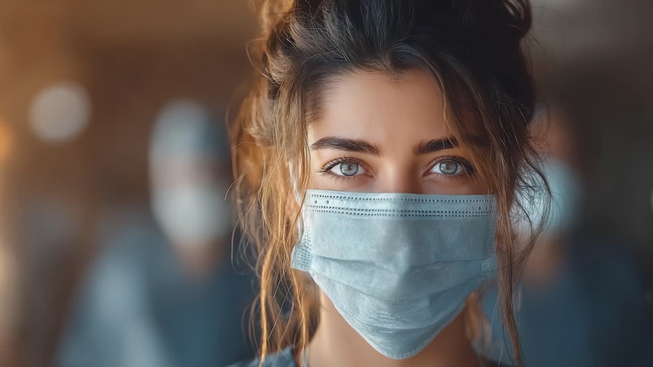 Una joven con impactantes ojos azules y mascarilla facial mira fijamente a la cámara, capturando la esencia de la resiliencia y la conciencia sanitaria en los tiempos modernos
