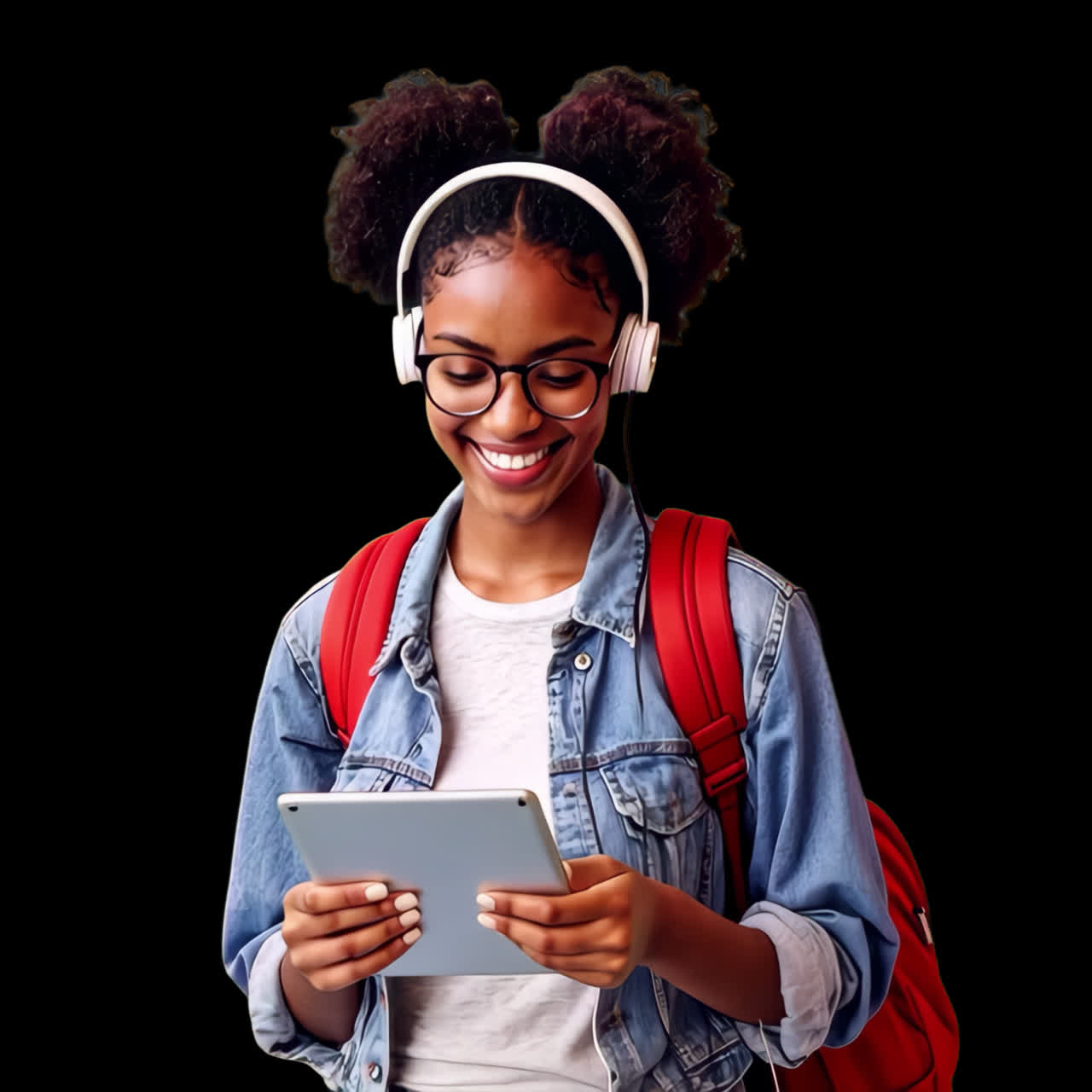 Glad studerende med tablet-animation, isoleret aktiv, transparent 4K-video, alfakanal, ProRes 4444