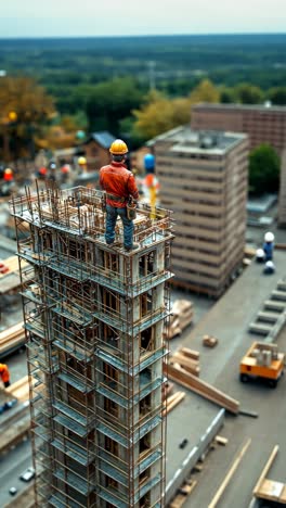 construction worker overseeing tall building at busy construction site