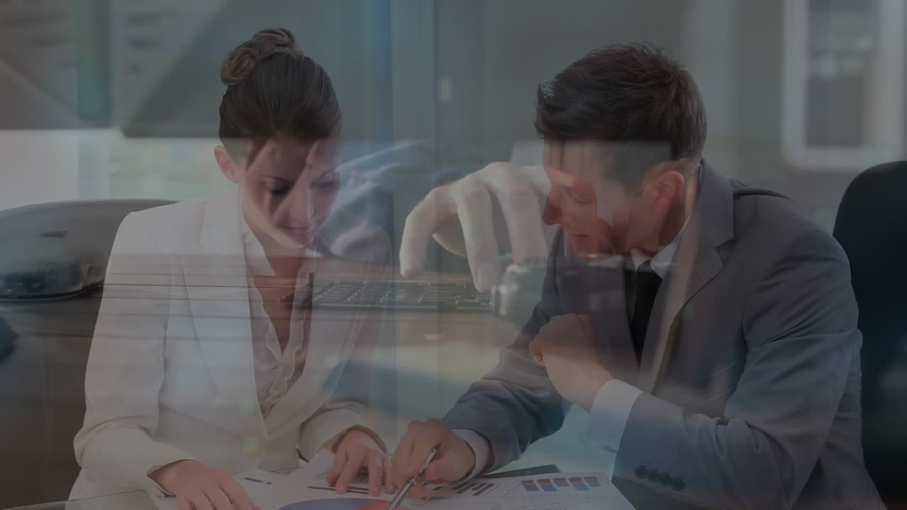 Animation of network of connections with icons over business people