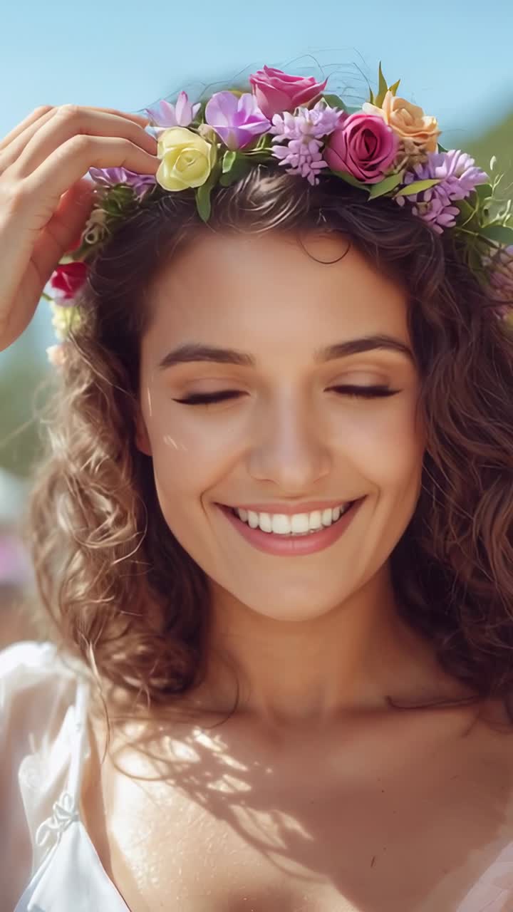 Video verticale: donna che alza la mano destra e sistema una corona di fiori in un parco, fissandola con la spallina di un top