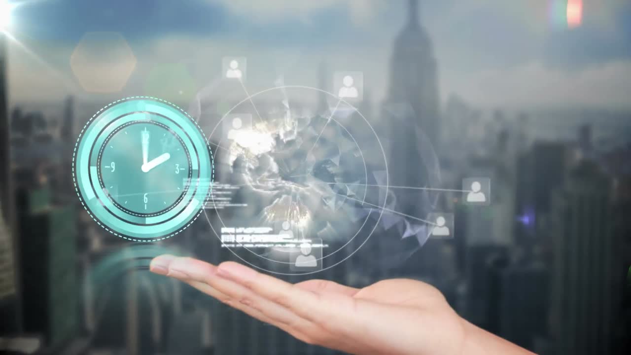 시계와 도시 풍경의 디지털 인터페이스의 애니메이션