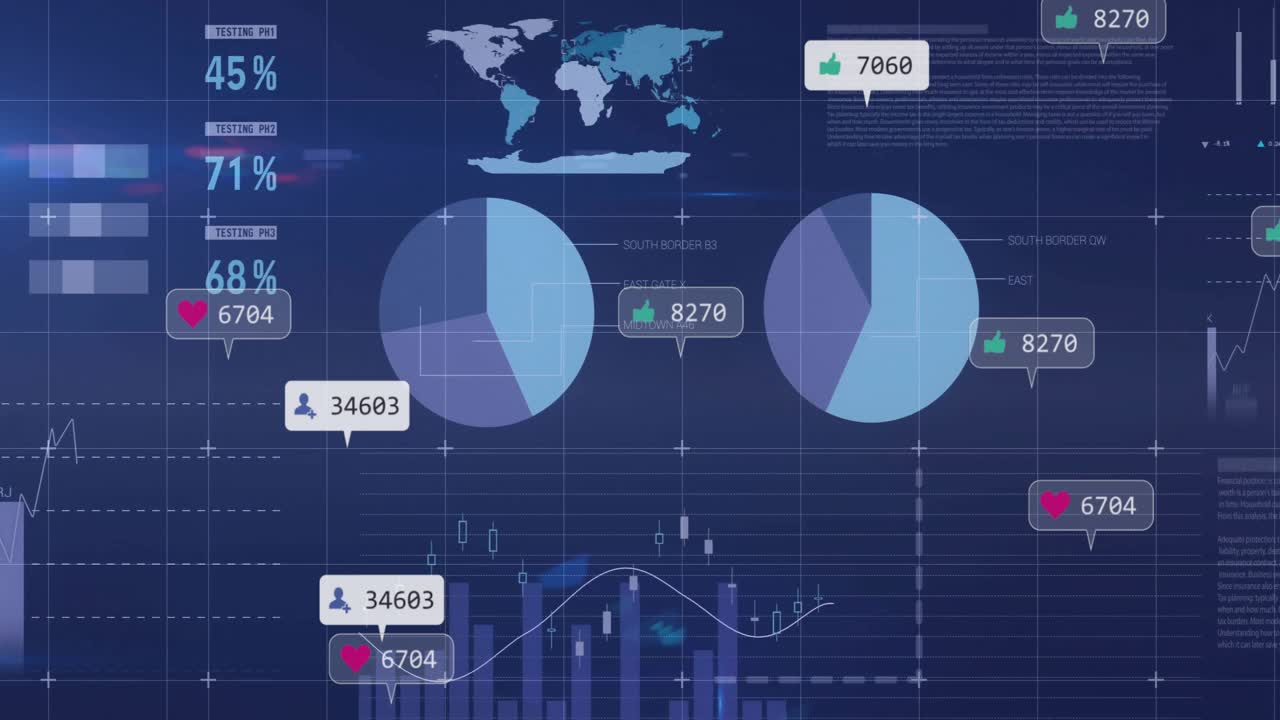 Interface opening initiating data with sliding icons, counting labels and charts showing metrics